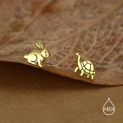 Sterling Silver Rabbit and Tortoise Mismatched Stud Earrings