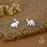 Sterling Silver Rabbit and Tortoise Mismatched Stud Earrings