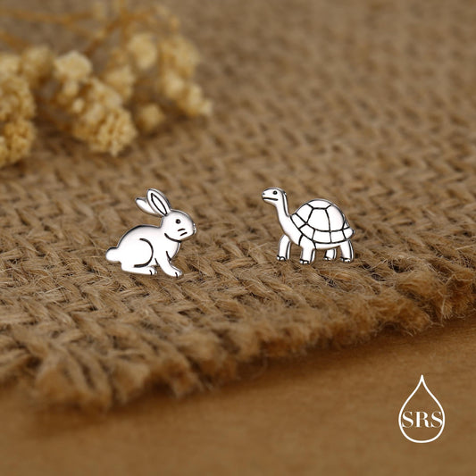 Sterling Silver Rabbit and Tortoise Mismatched Stud Earrings