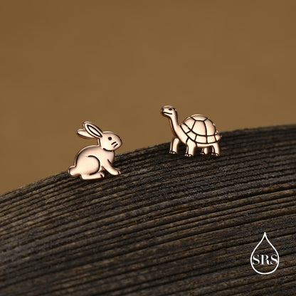 Sterling Silver Rabbit and Tortoise Mismatched Stud Earrings