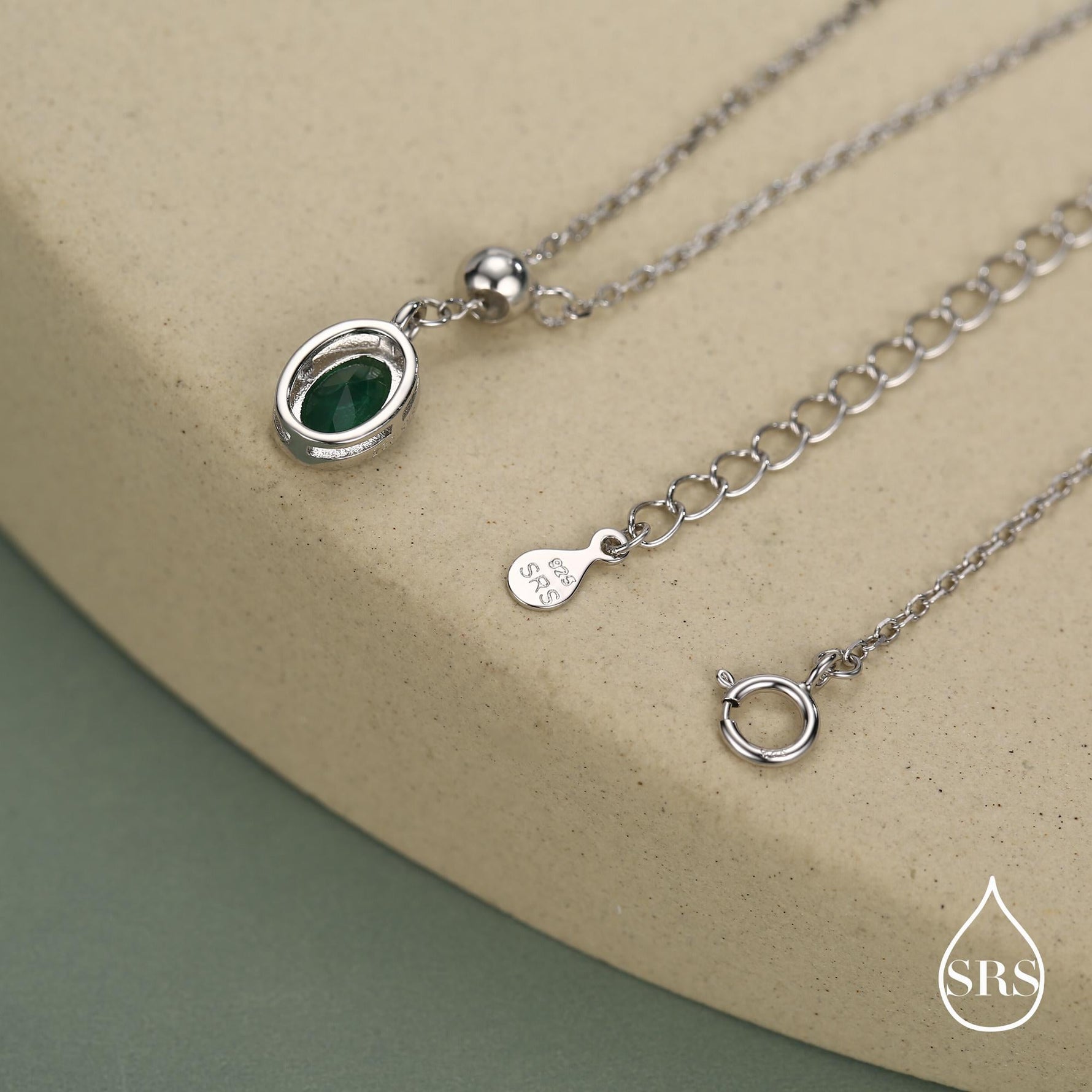 Delicate Emerald Green Oval CZ Lariat Pendant Necklace in Sterling Silver, Silver or Gold, Minimalist Oval Shape CZ Adjustable Necklace