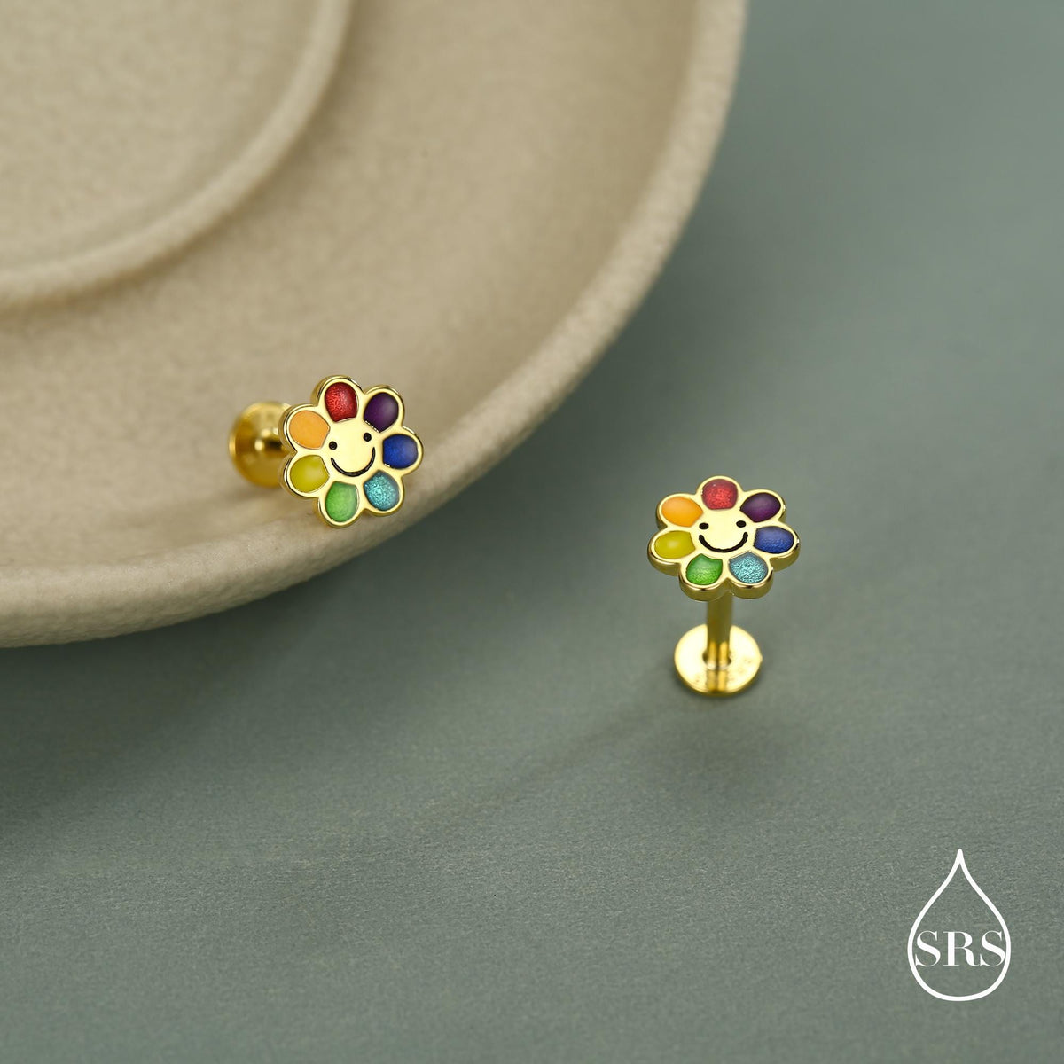Rainbow Smiley Flower 16G Flat Back Stud Earrings