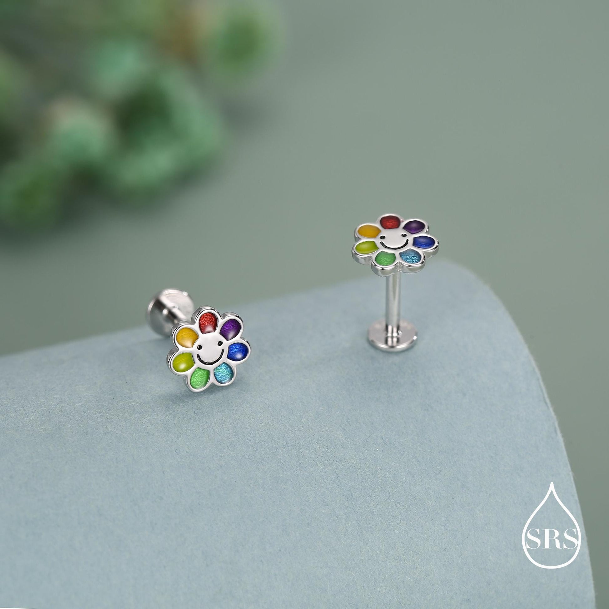 Sterling Silver Rainbow Flower 16G Flat Back Earrings Internally Threaded