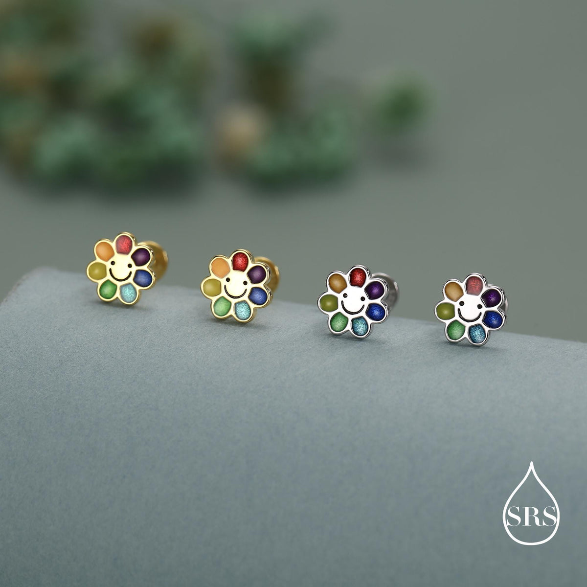 Rainbow Smiley Flower 16G Flat Back Stud Earrings