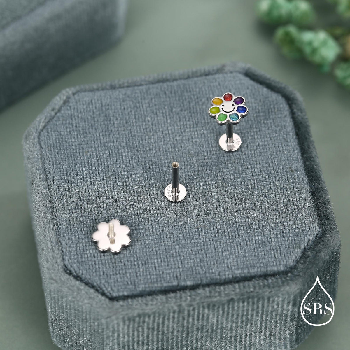 Rainbow Smiley Flower 16G Flat Back Stud Earrings