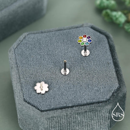Sterling Silver Rainbow Flower 16G Flat Back Earrings Internally Threaded