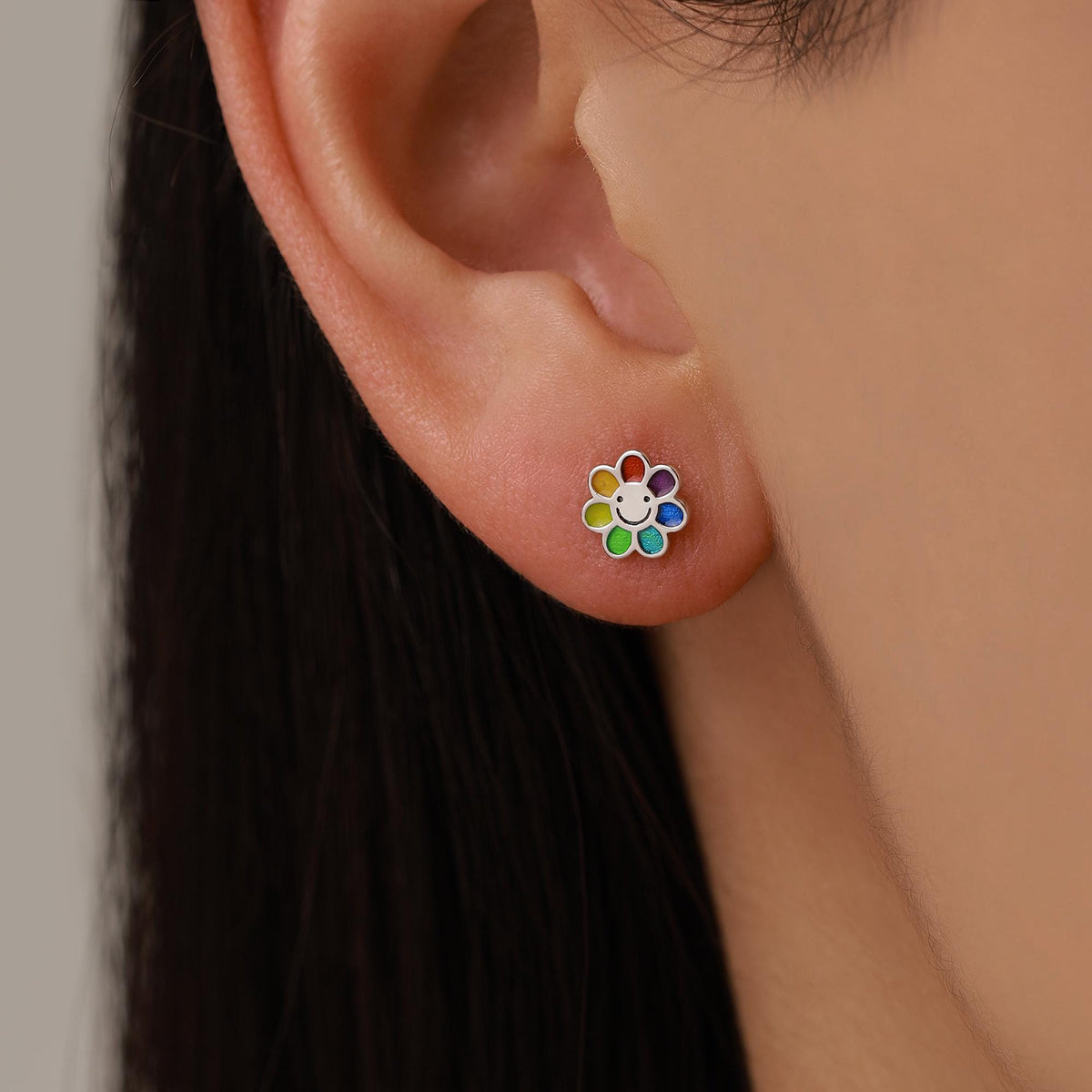 Rainbow Smiley Flower 16G Flat Back Stud Earrings