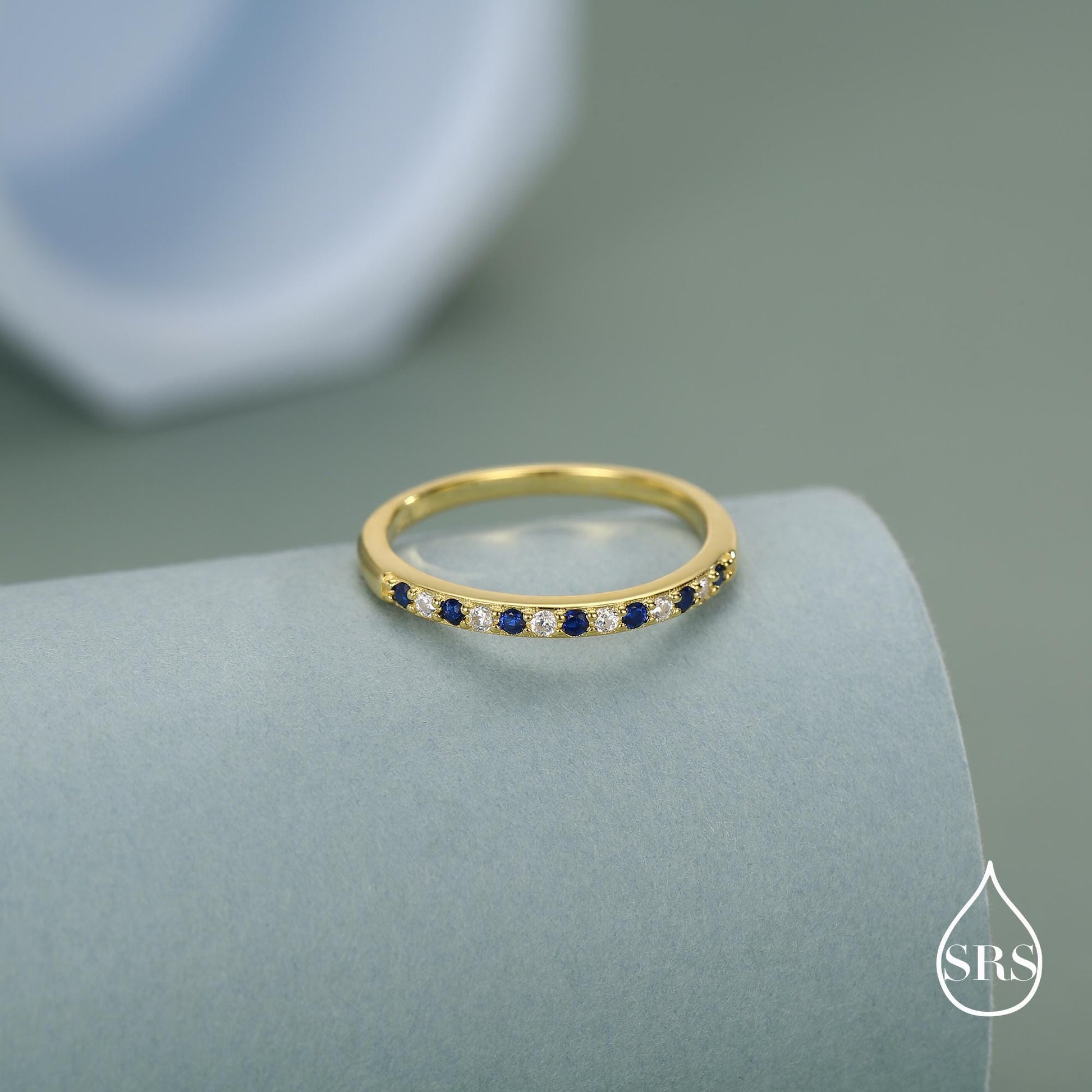 Sapphire Blue and Clear CZ Half Eternity Ring in Sterling Silver, Silver or Gold, Sapphire Blue CZ Skinny Ring, Stacking Ring US 5 - 8