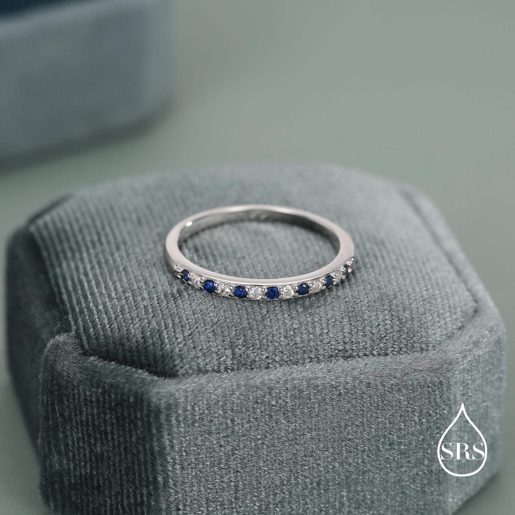 Sapphire Blue and Clear CZ Half Eternity Ring in Sterling Silver, Silver or Gold, Sapphire Blue CZ Skinny Ring, Stacking Ring US 5 - 8