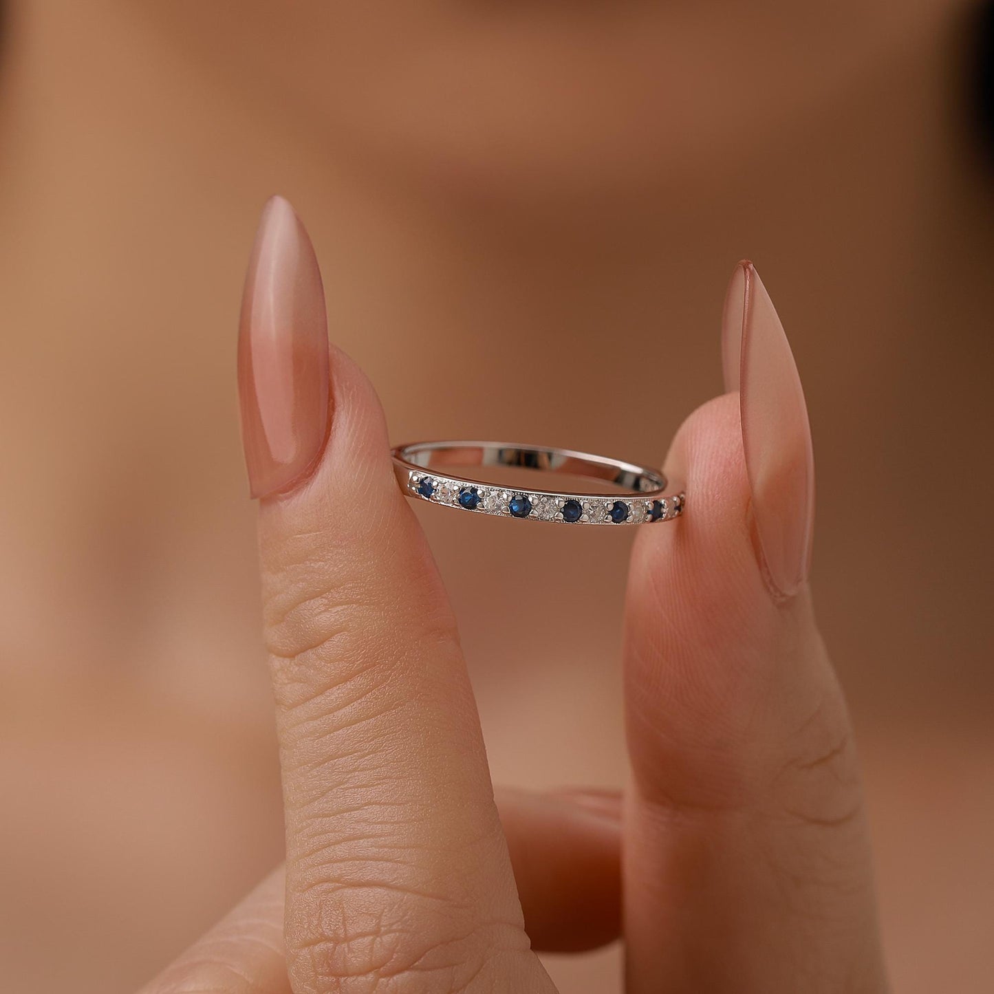 Sapphire Blue and Clear CZ Half Eternity Ring in Sterling Silver, Silver or Gold, Sapphire Blue CZ Skinny Ring, Stacking Ring US 5 - 8