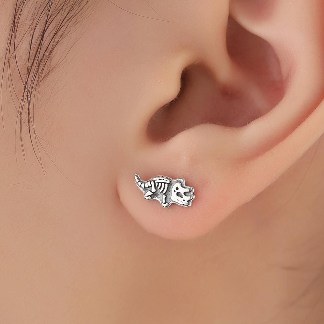 Oxidised Sterling Silver Dinosaur Fossil Stud Earrings, Oxidised Silver Finish Dino Stud, Quirky Dino Stud, Asymmetric Dinosaur Earrings,