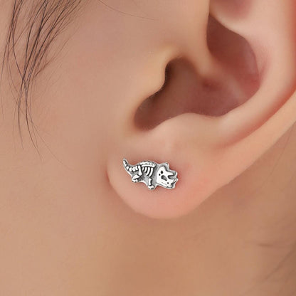 Oxidised Sterling Silver Dinosaur Fossil Stud Earrings, Oxidised Silver Finish Dino Stud, Quirky Dino Stud, Asymmetric Dinosaur Earrings,
