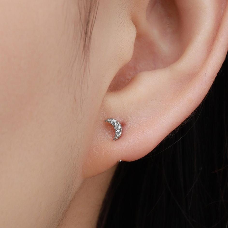 Extra Tiny CZ Moon Huggie Hoop Earrings in Sterling Silver, Silver, Gold or Rose Gold, Open Threader, Threader Hoop
