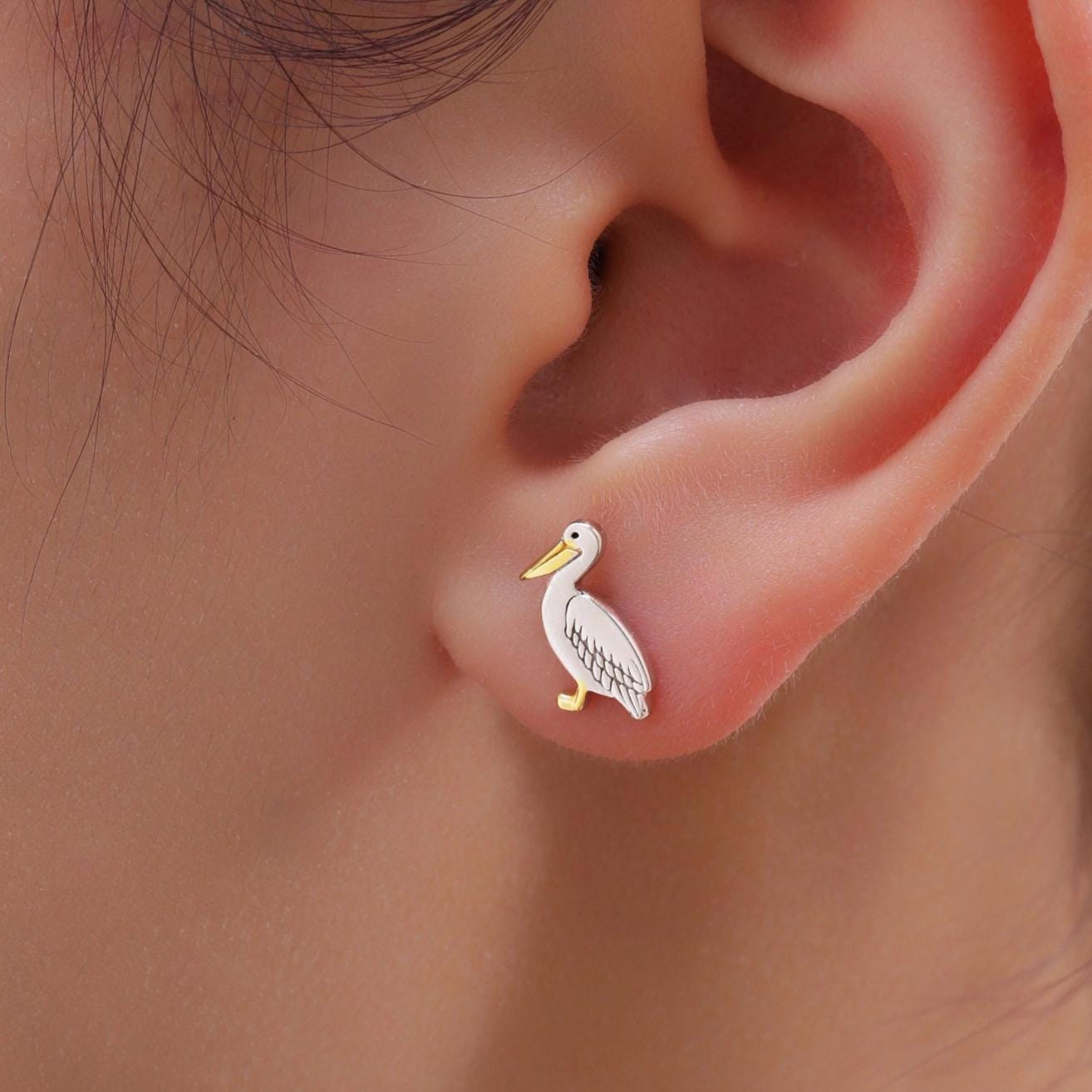 Pelican Bird Stud Earrings in Sterling Silver, Partial Gold Plate, Nature Inspired Animal Earrings, Pelican Earrings, Bird Earrings