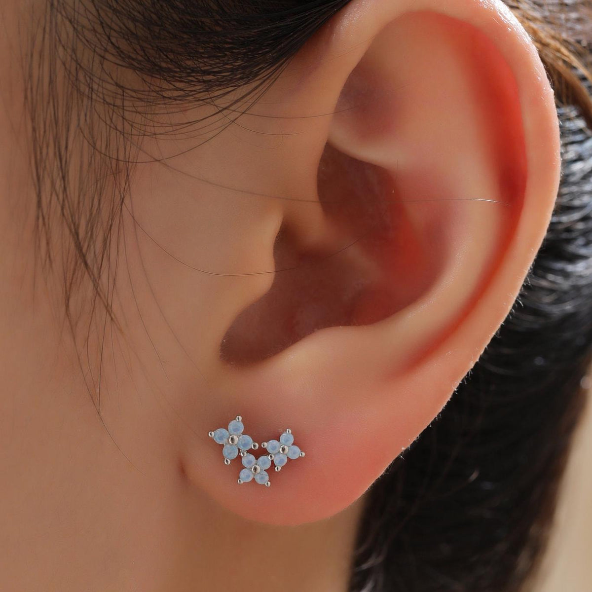 Asymmetric Hydrangea Flower Bouquet CZ Stud Earrings in Sterling Silver, Silver, Gold or Rose Gold, Mismatched Opal Blue Flower Earrings