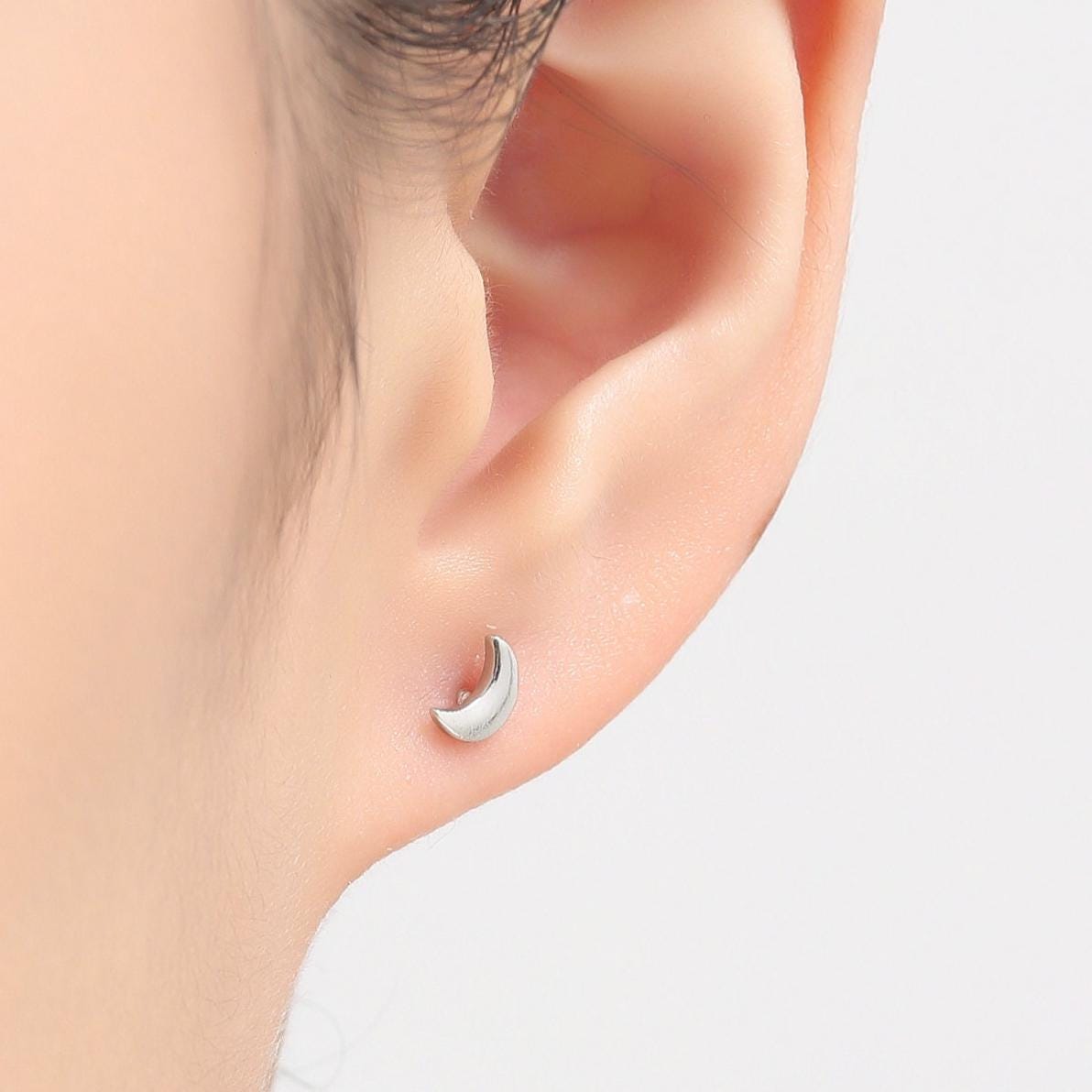 Mismatched Moon and Star Internally Threaded Flat Back/Screw back/Stud Earrings in Sterling Silver, Asymmetric Star and Moon, Piercing