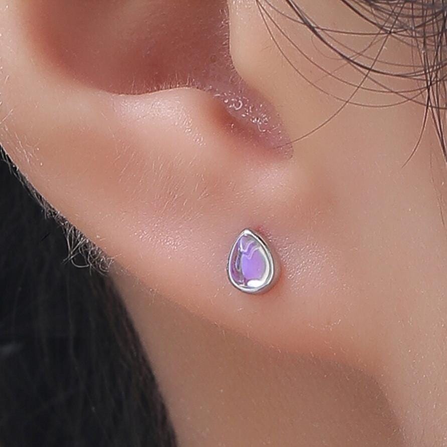 Moonstone Droplet 16G Internally Threaded Flat Back Earrings in Sterling Silver