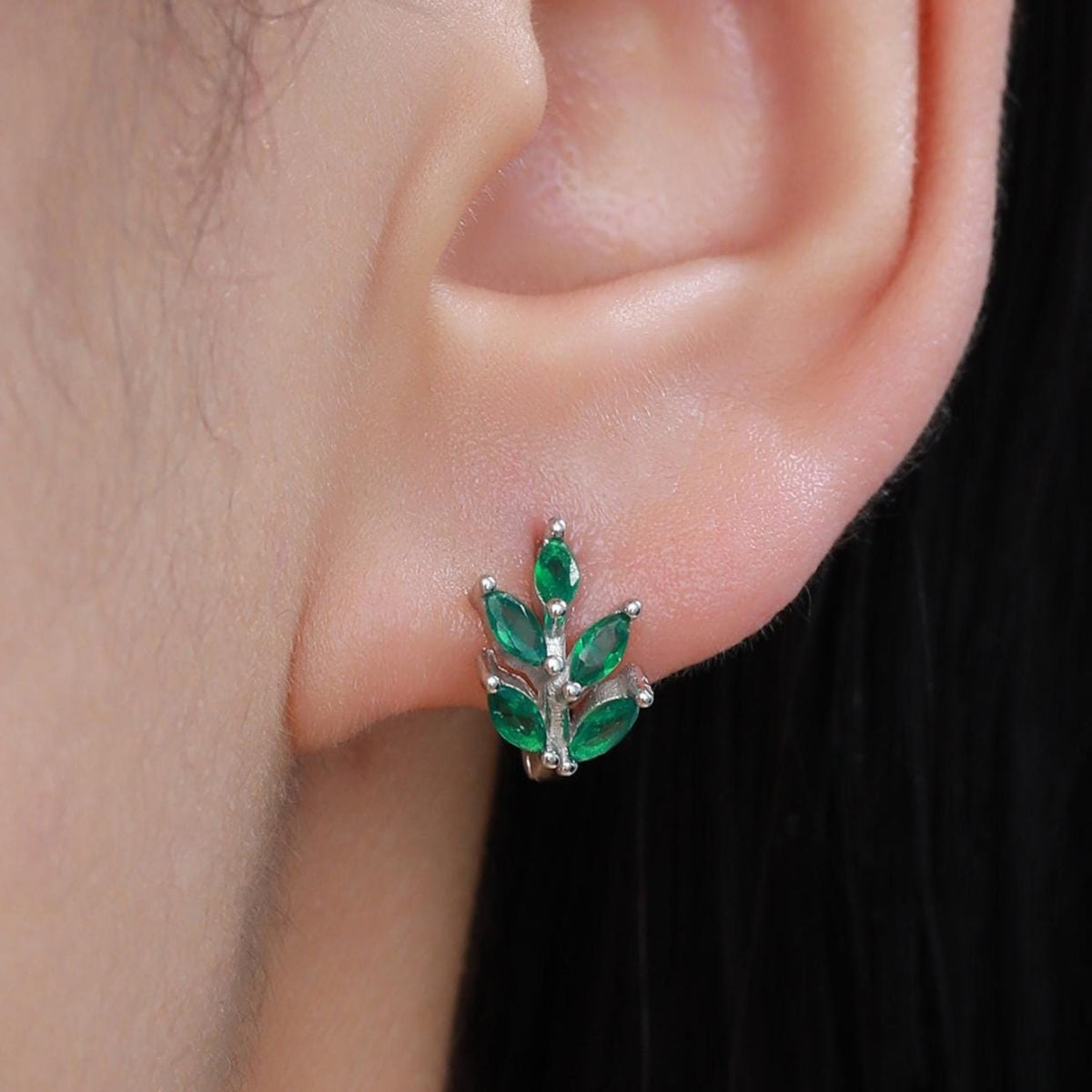 CZ Leaf Huggie Hoop Earrings in Sterling Silver, Silver or Gold or Rose Gold, Clear CZ or Green CZ Hoop Earrings