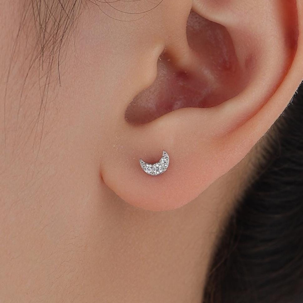 Mismatched Moon and Star CZ Stud Earrings in Sterling Silver, CZ Moon and Star Earrings, Celestial Earrings