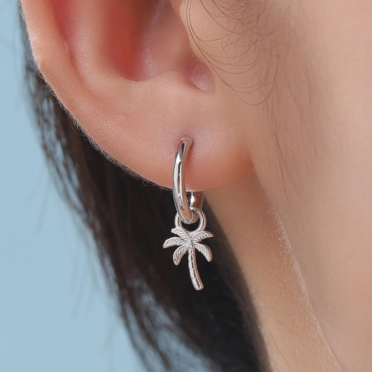Sterling Silver Palm Tree Huggie Hoops, Silver or Gold or Rose Gold, Detachable Palm Tree Hoop Earrings, Coconut Tree Charm Dangle Earrings,