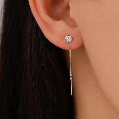 Delicate 4mm Bezel CZ Crystal Threader Earrings in Sterling Silver, Silver or Gold, Minimalist Pear Cut Crystal Ear Threaders
