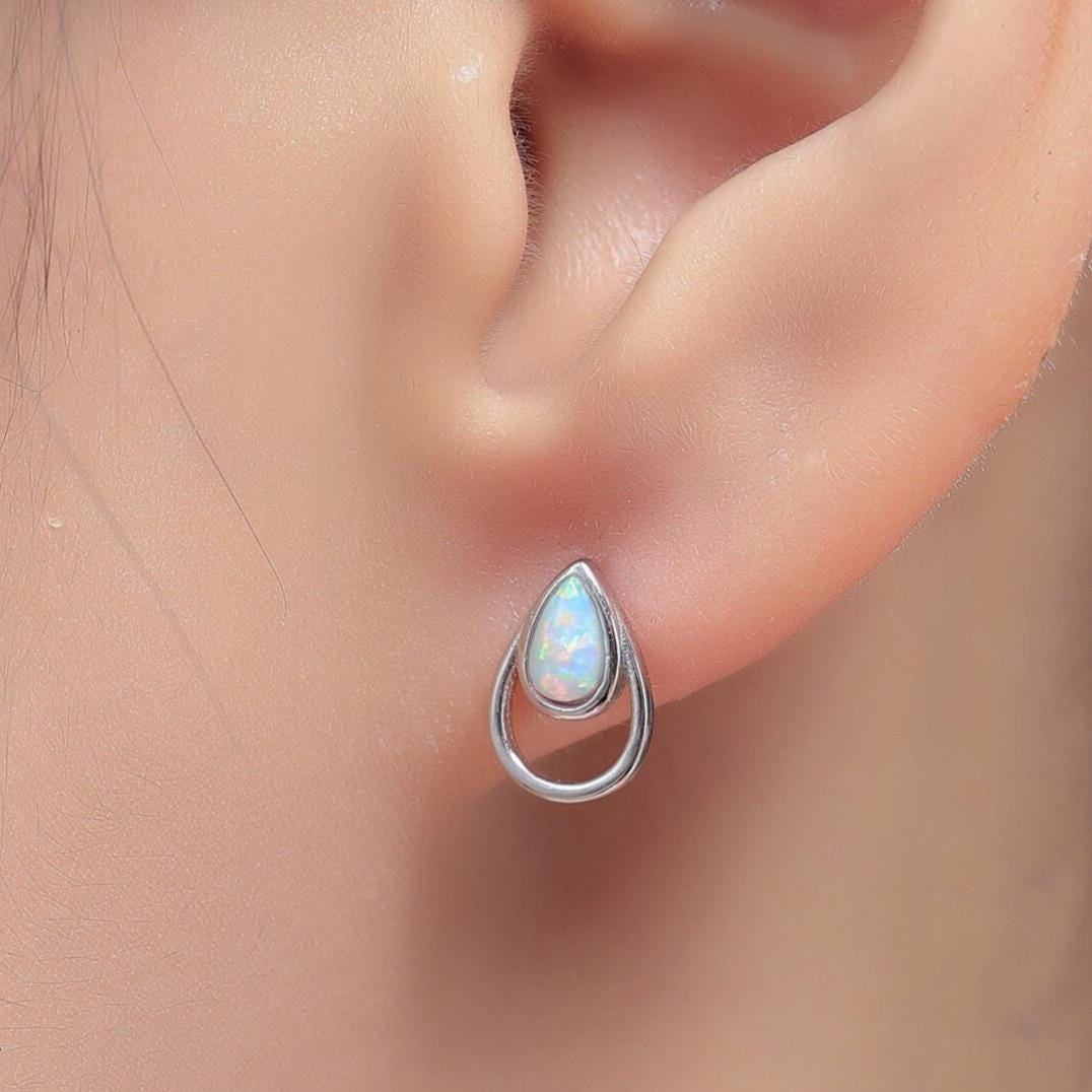 Moonstone Droplet Stud Earrings in Sterling Silver, Silver or Gold, Lab Moonstone Earrings, Double Droplet Stud, Pear Moonstone