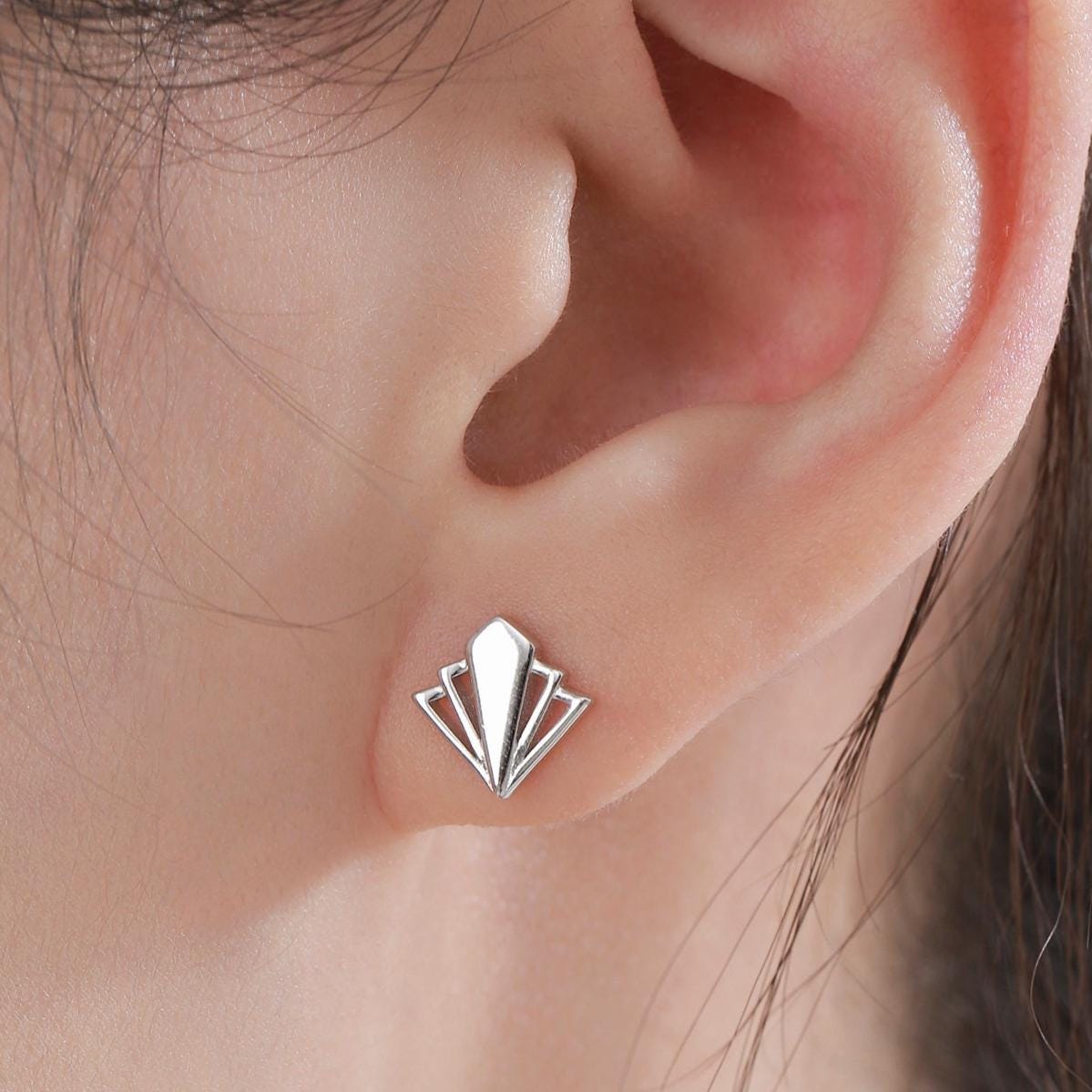 Art Deco Inspired Small Stud Earrings in Sterling Silver, Silver or Gold or Rose Gold, Tiny and Delicate Rhombus Earrings, Art Deco Style