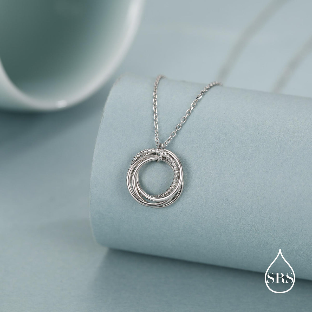 Sterling Silver Four Interlocking Circles Pendant Necklace with Dotted Details, Four Entwined Rings for 40s, 40th Infinity Necklace