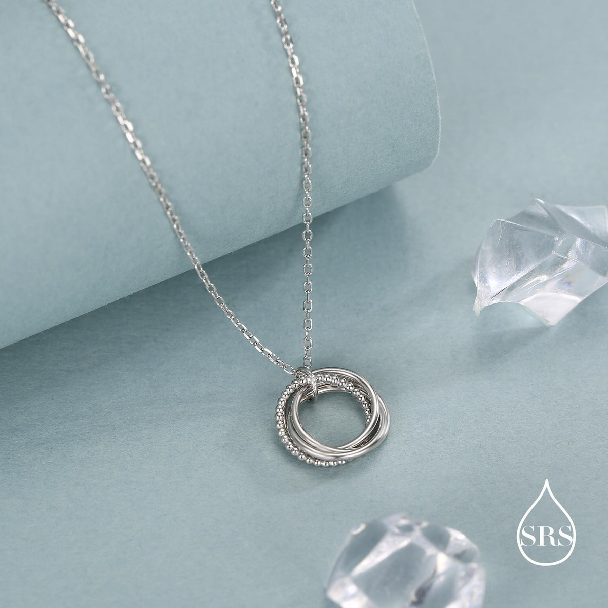 Sterling Silver Four Interlocking Circles Pendant Necklace with Dotted Details, Four Entwined Rings for 40s, 40th Infinity Necklace