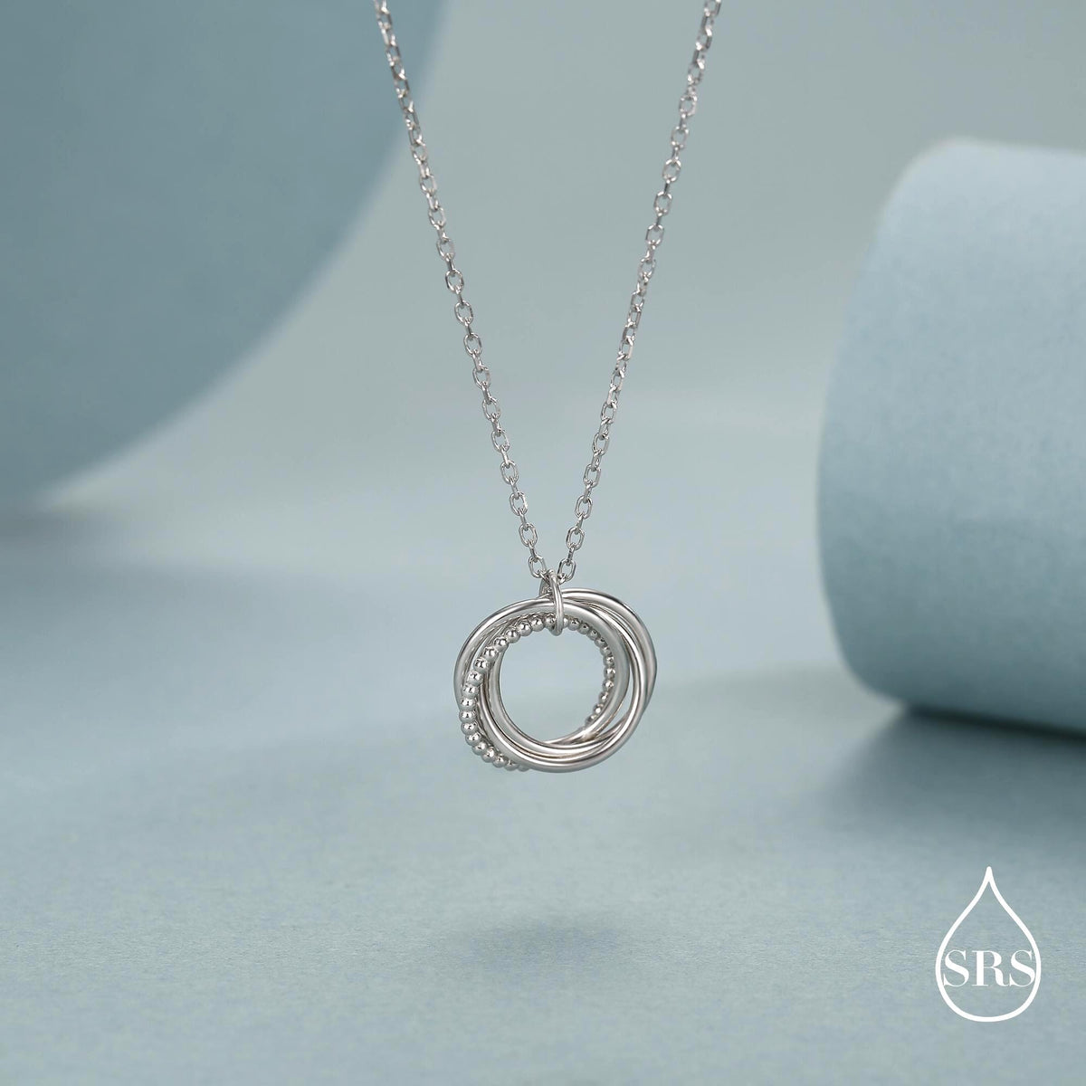 Sterling Silver Four Interlocking Circles Pendant Necklace with Dotted Details, Four Entwined Rings for 40s, 40th Infinity Necklace