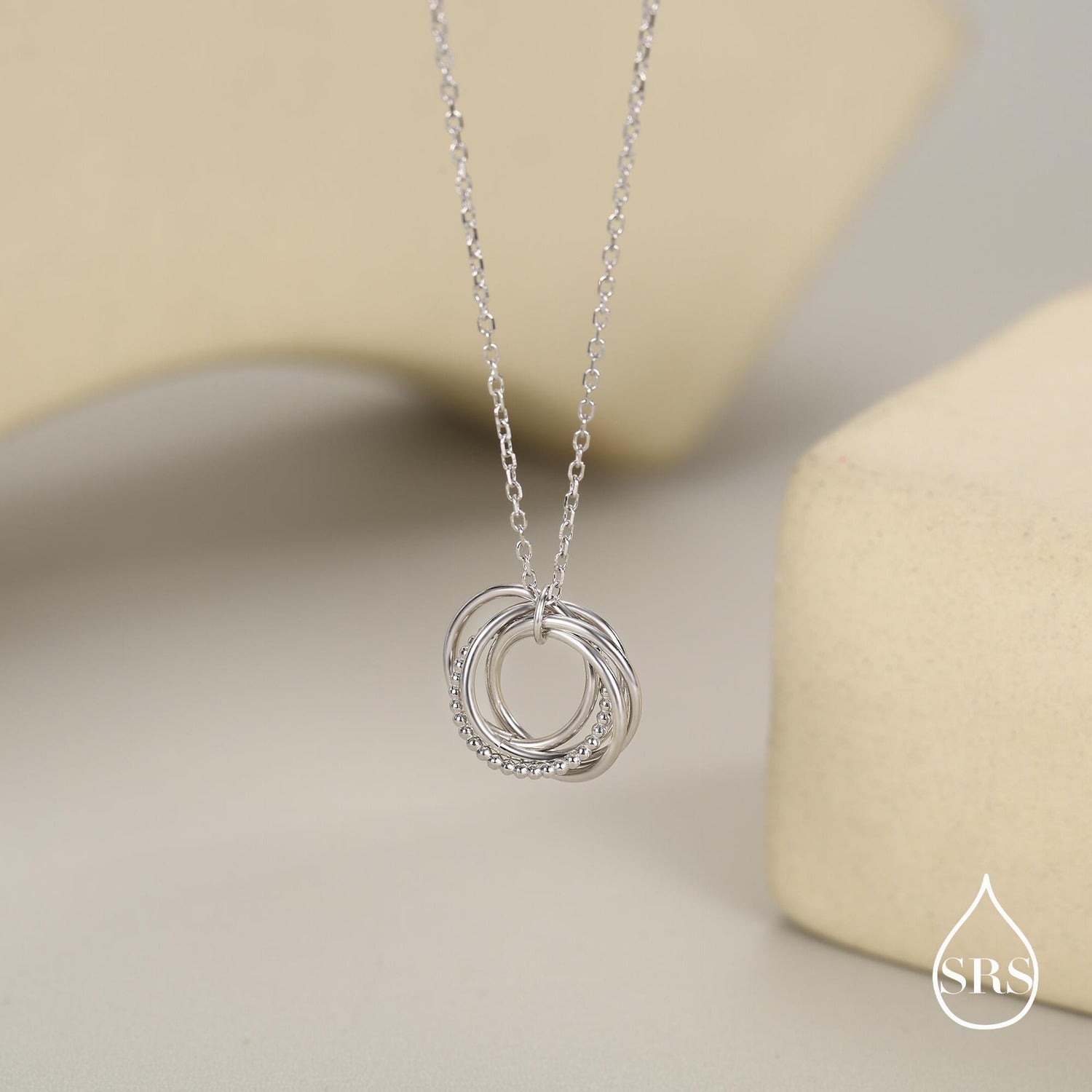 Sterling Silver 50s Birthday Necklace, Interlocking Circles Pendant Necklace, Dotted Details, Five Entwined Rings for 50s