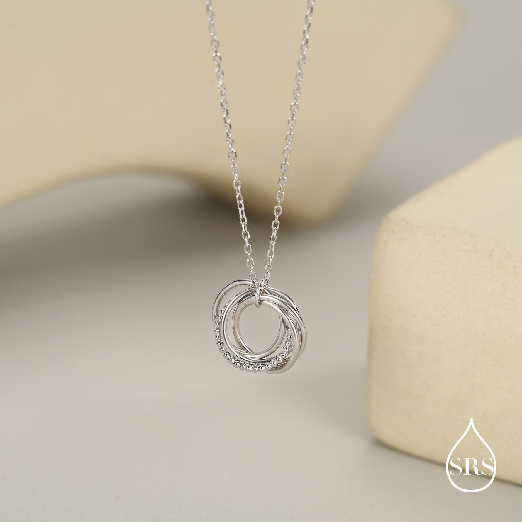 Sterling Silver 50s Birthday Necklace, Interlocking Circles Pendant Necklace, Dotted Details, Five Entwined Rings for 50s