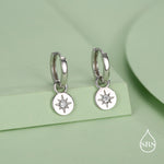 Starburst Disk Charm Huggie Hoop Earrings in Sterling Silver with Detachable Coin Charms, North Star Celestial Geometric Design