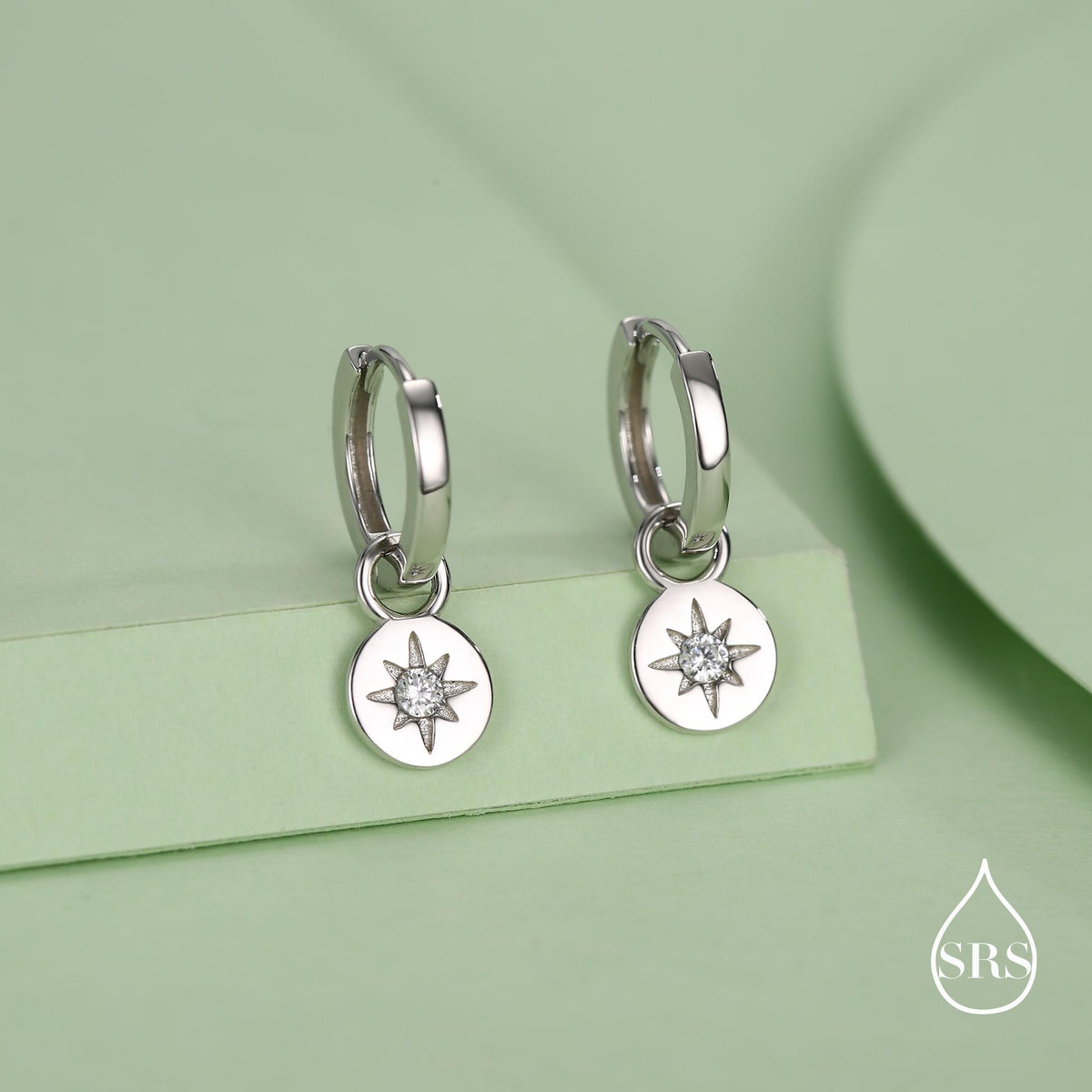 Starburst Disk Charm Huggie Hoop Earrings in Sterling Silver with Detachable Coin Charms, North Star Celestial Geometric Design