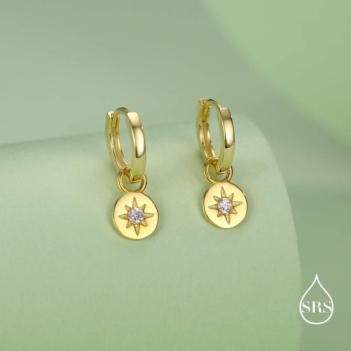 Starburst Disk Charm Huggie Hoop Earrings in Sterling Silver with Detachable Coin Charms, North Star Celestial Geometric Design