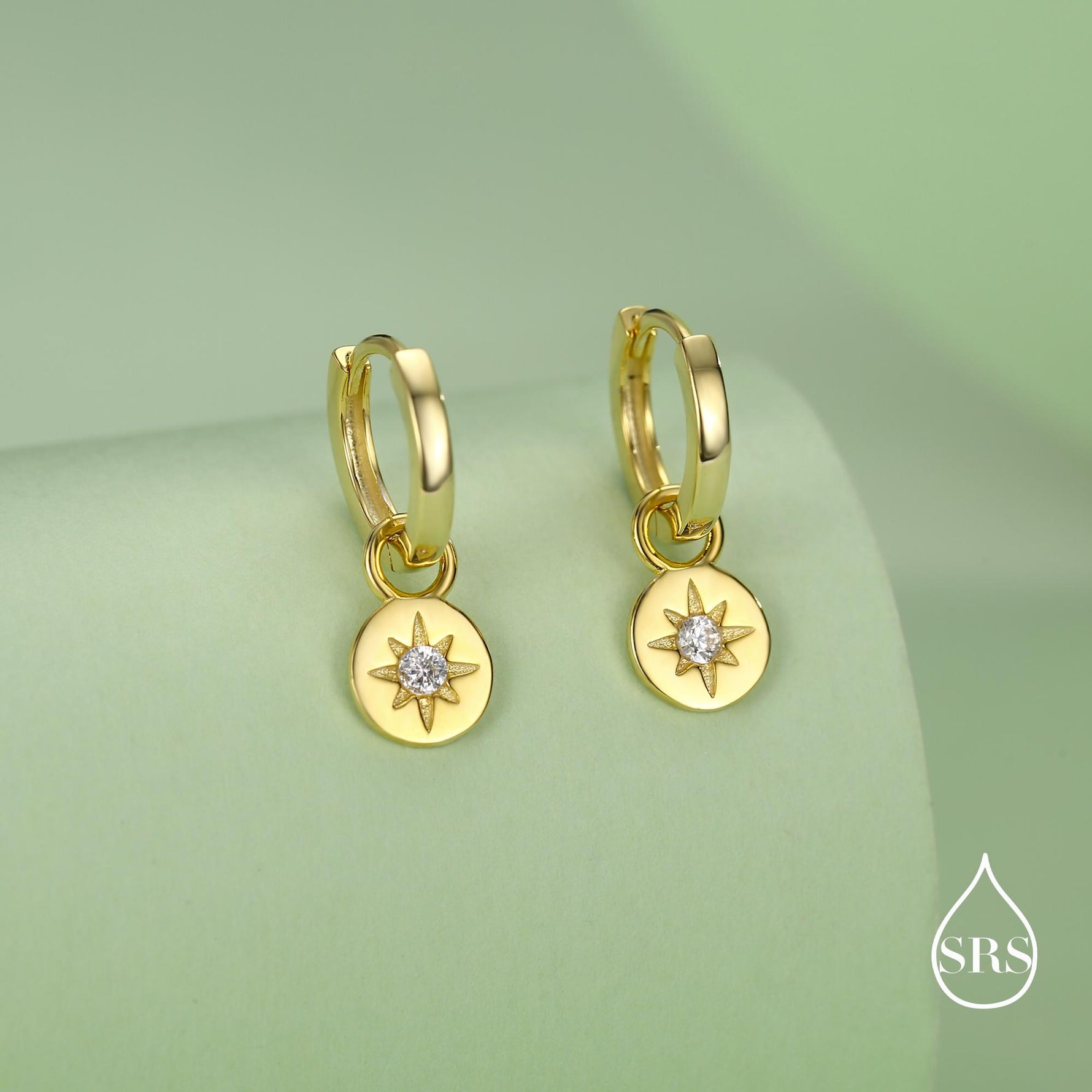 Starburst Disk Charm Huggie Hoop Earrings in Sterling Silver with Detachable Coin Charms, North Star Celestial Geometric Design