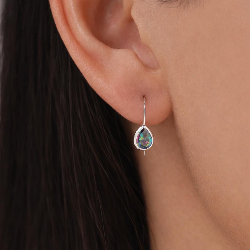 Sterling Silver Mystic Black CZ Droplet Drop Earrings in Sterling Silver, Silver or Gold, Chunky AB CZ Pear Shape Hook Earrings