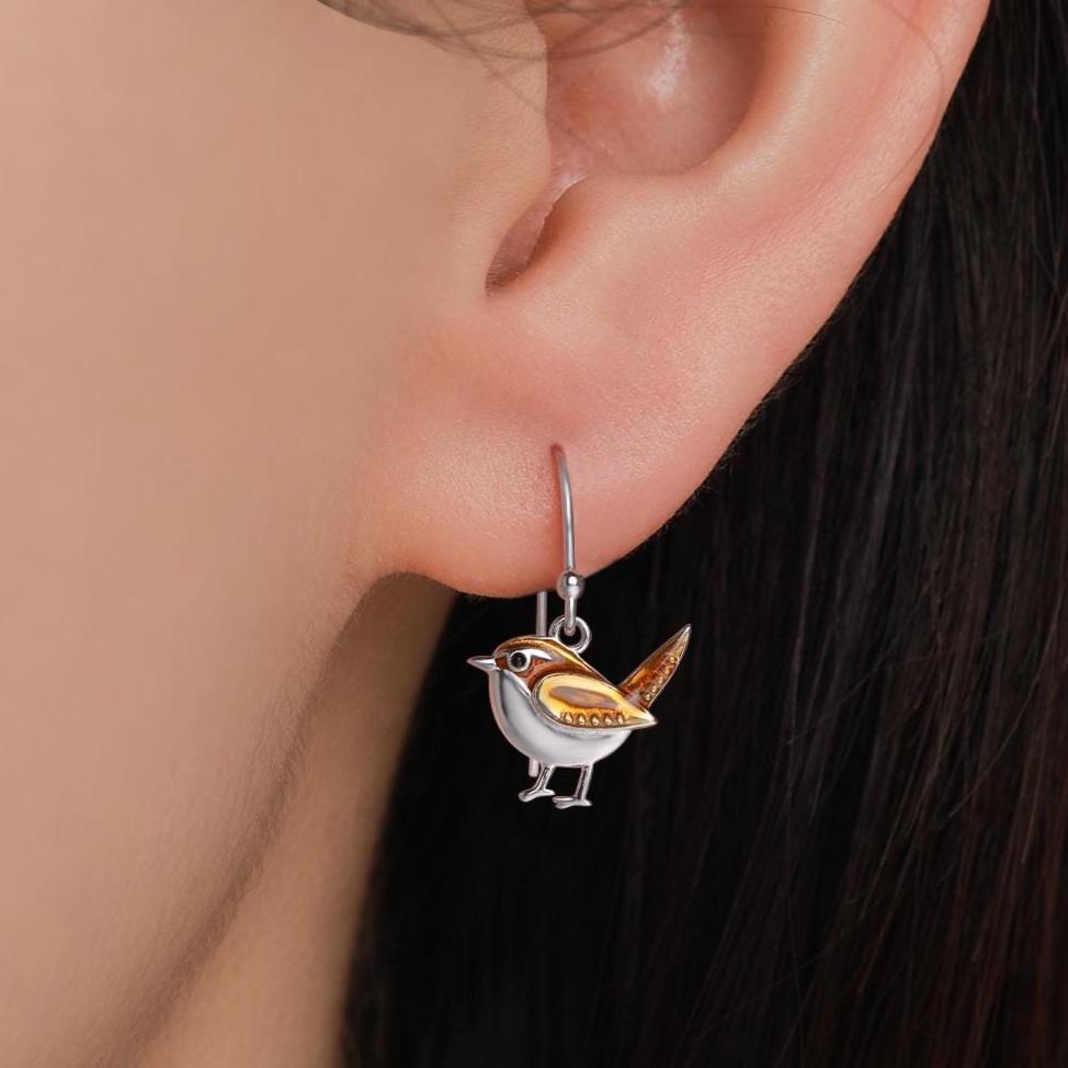 Sterling Silver Wren Bird Drop Hook Earrings Earrings, Silver Wren Earrings, Cute Sparrow Earrings