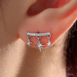 Dangling Star and Starburst Curved Bar Stud Earrings in Sterling Silver, Moon and Star Earrings in Sterling Silver, Gold or Rose Gold