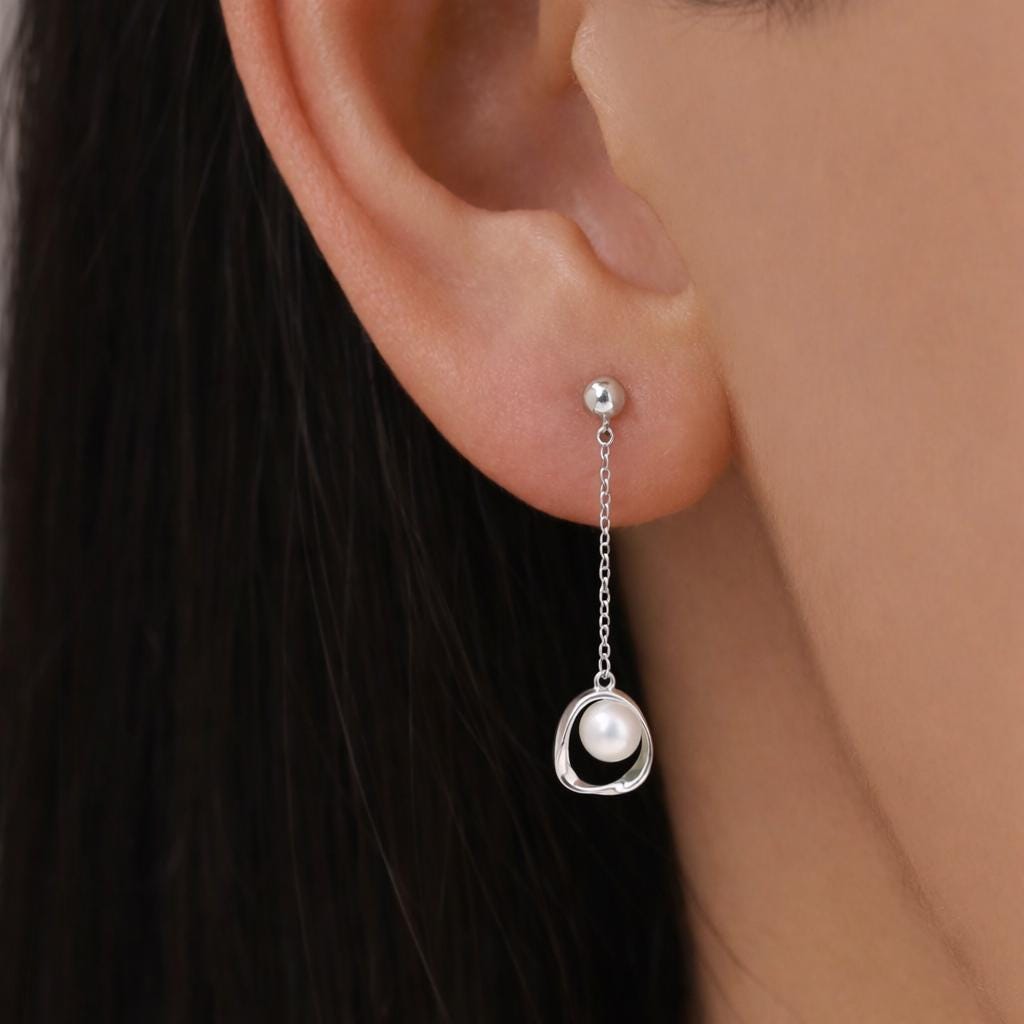 Genuine Freshwater Pearl and Mobius Circle Long Drop Earrings in Sterling Silver, Delicate Keshi Pearl Halo Earrings, Genuine Pearls