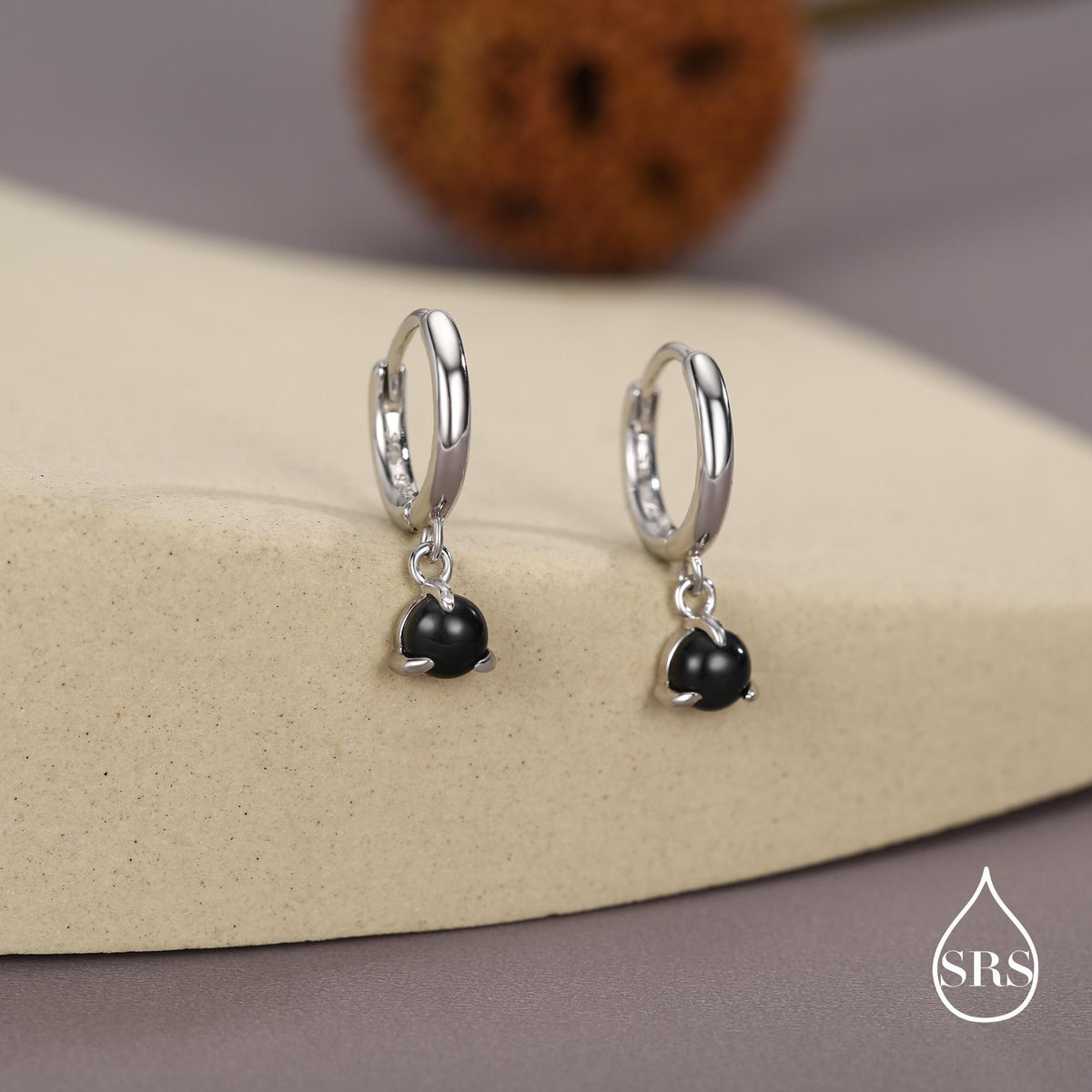 Sterling Silver 4mm Black Onyx Hoop Earrings, Natural Black Onyx Dangle Hoop Earrings, Silver or Gold
