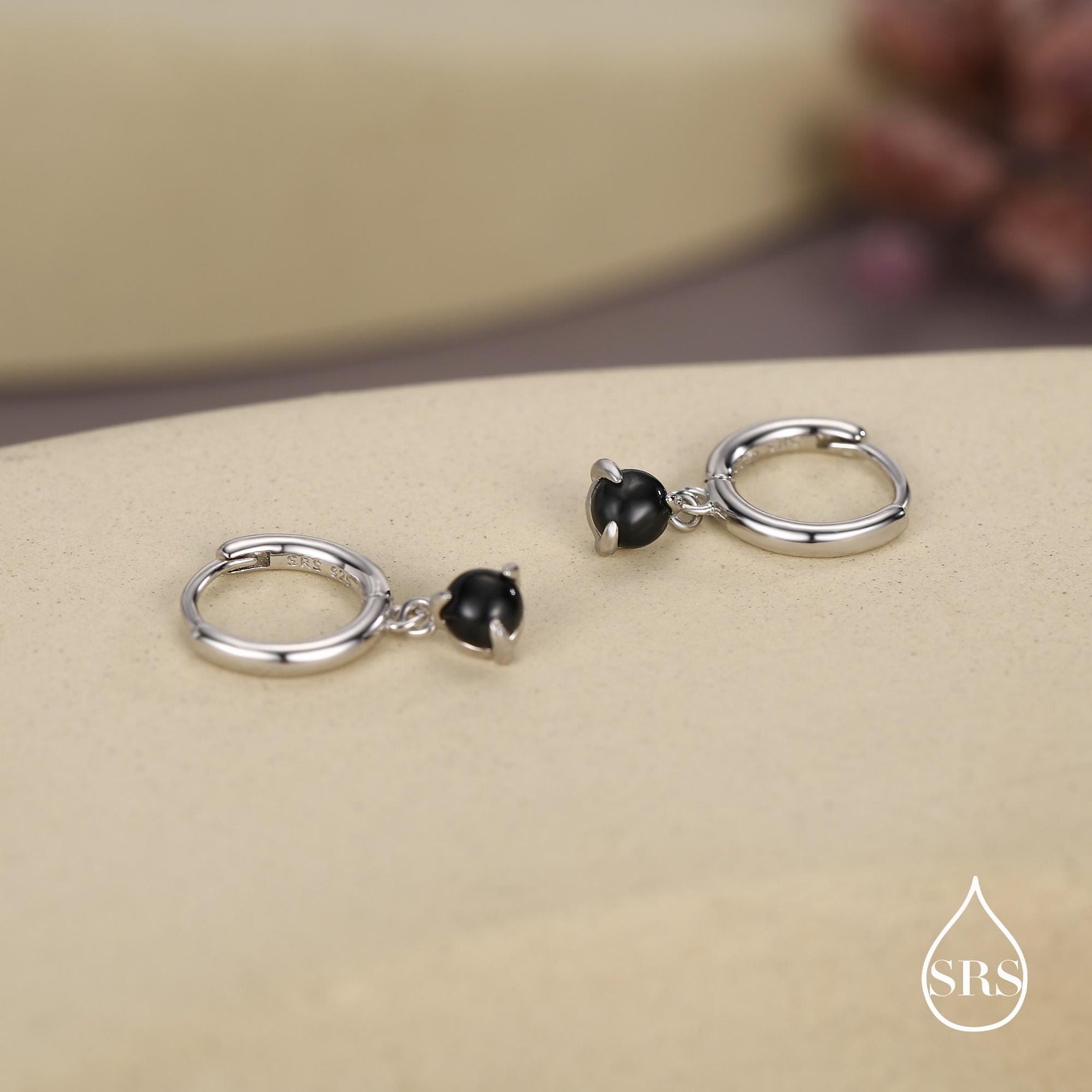 Sterling Silver 4mm Black Onyx Hoop Earrings, Natural Black Onyx Dangle Hoop Earrings, Silver or Gold