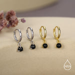 Sterling Silver 4mm Black Onyx Hoop Earrings, Natural Black Onyx Dangle Hoop Earrings, Silver or Gold