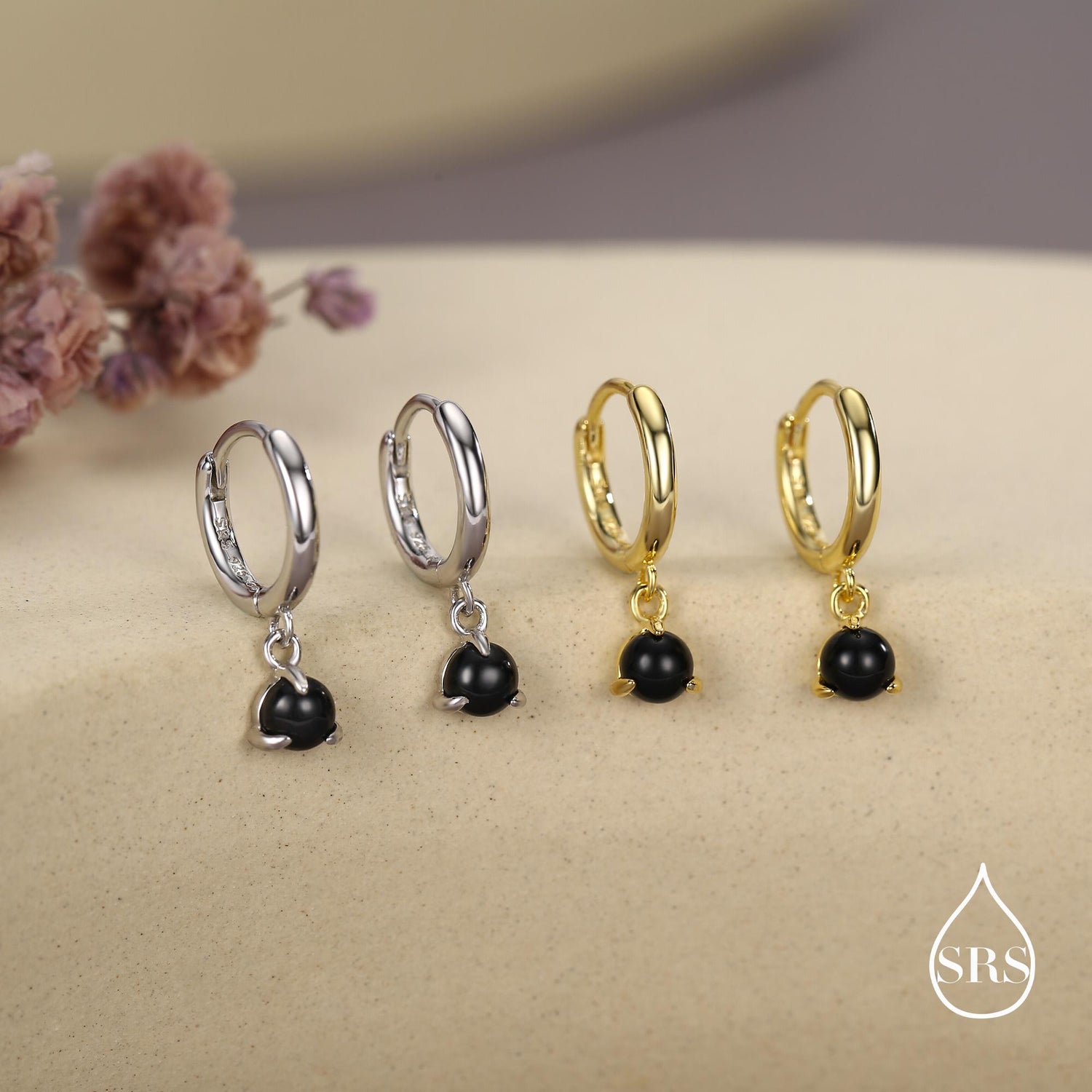 Sterling Silver 4mm Black Onyx Hoop Earrings, Natural Black Onyx Dangle Hoop Earrings, Silver or Gold