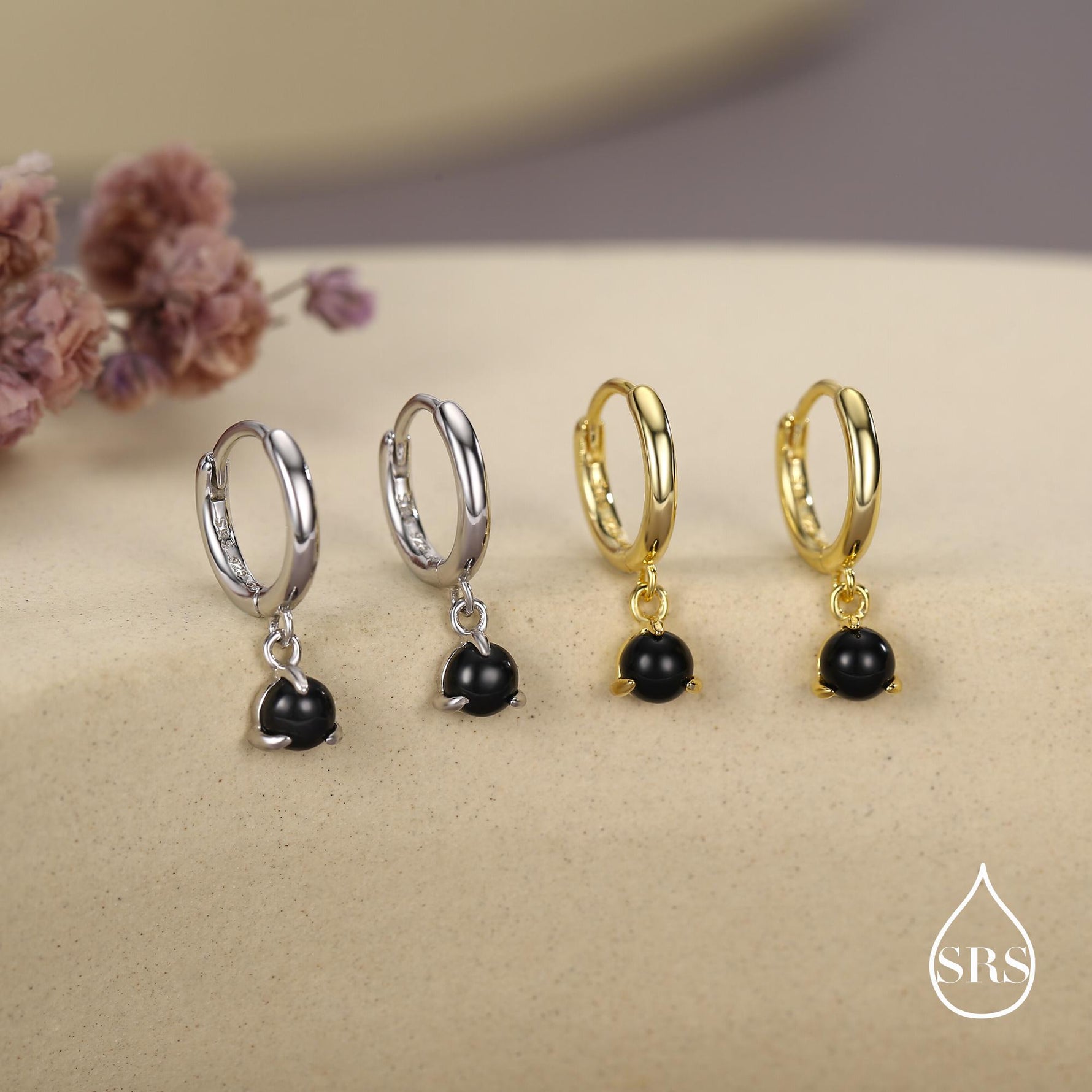 Sterling Silver 4mm Black Onyx Hoop Earrings, Natural Black Onyx Dangle Hoop Earrings, Silver or Gold
