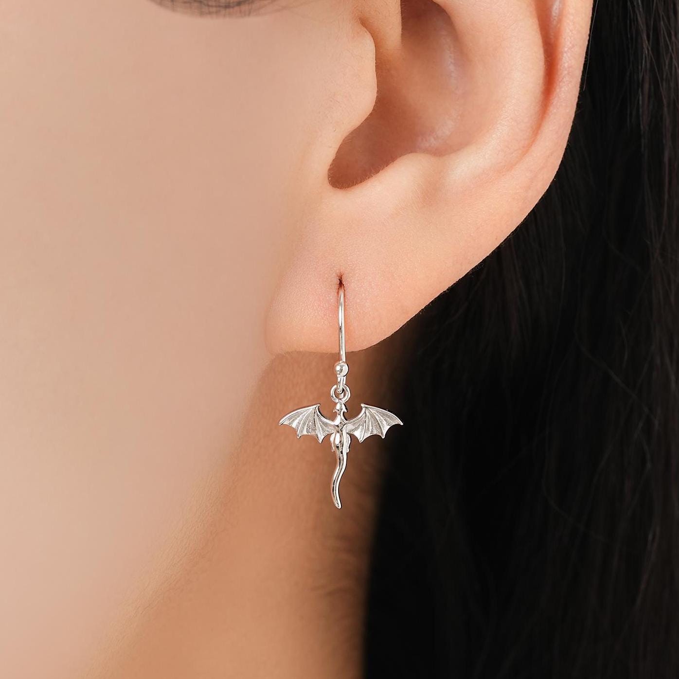 Very Tiny Dragon Drop Hook Earrings in Sterling Silver, Silver or Gold or Rose Gold, Sterling Silver Dragon Dangle Earrings