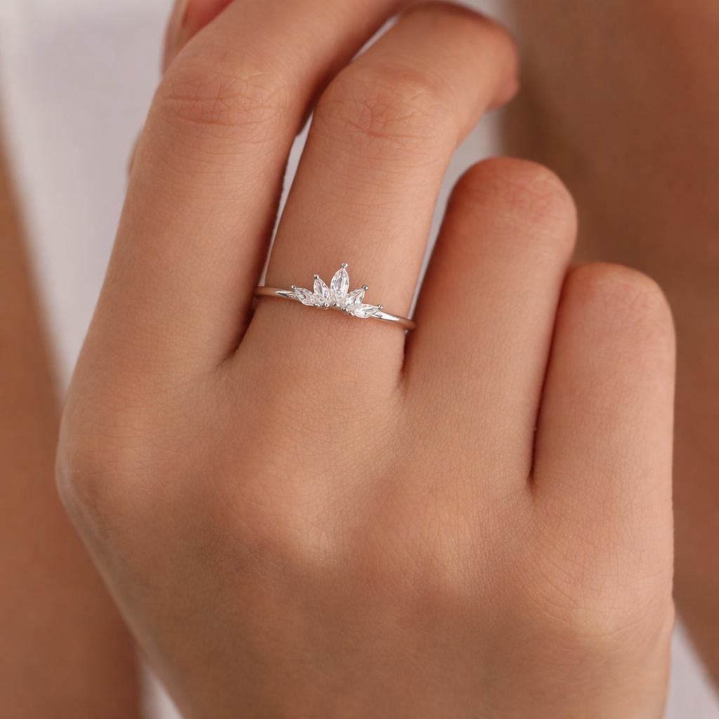Sterling Silver Marquise Crown Ring, Cluster Ring, Lotus Ring, Flower Ring, CZ Ring, Silver or Gold US 5 - 8