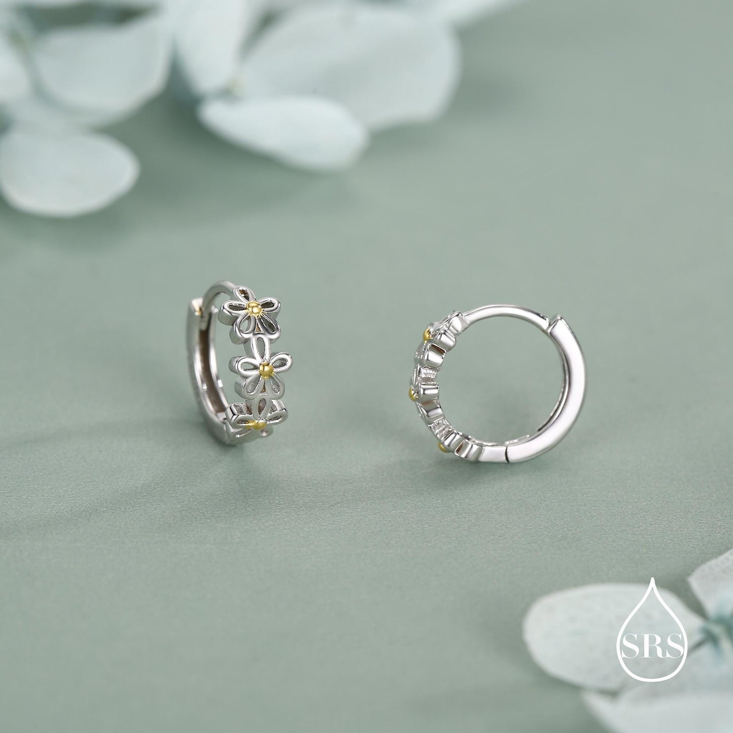 Sterling Silver Two Tone Daisy Huggie Hoop Earrings