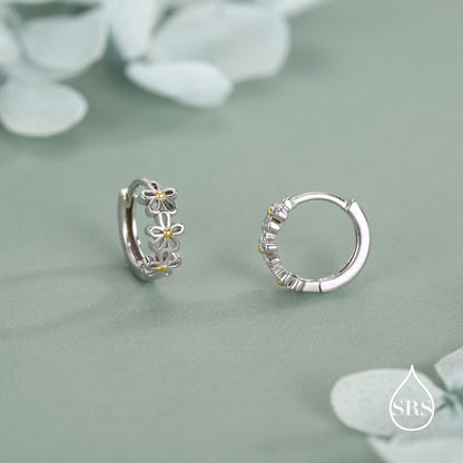 Sterling Silver Two Tone Daisy Huggie Hoop Earrings