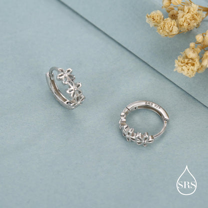 Sterling Silver Two Tone Daisy Huggie Hoop Earrings